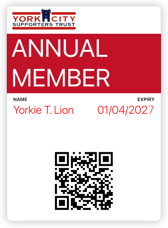 A YCST digital membership card showing the York City Supporters Trust logo, the words Annual Member, the member's name, an expiry date and a QR code.